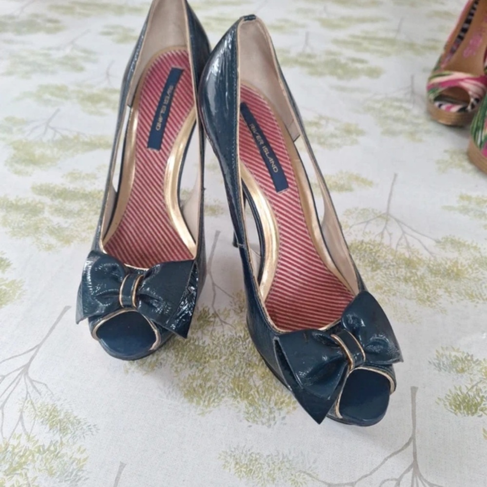 River Island Dark Blue Peep-Toe Heels with Bow